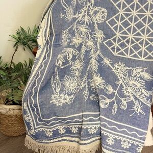 Batik Floral Boho Cottage Core Throw Blanket Blue & White Block Printed